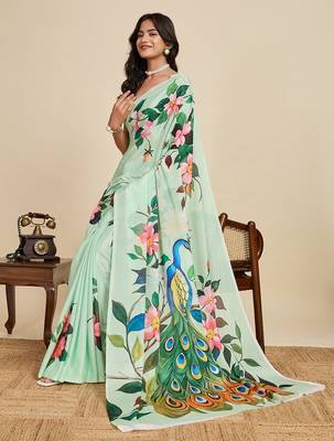 parrot green chiffon printed saree with blouse 4