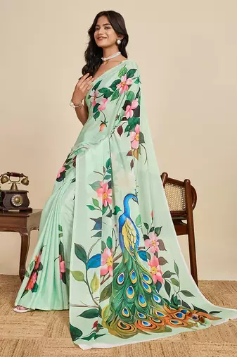 parrot green chiffon printed saree with blouse