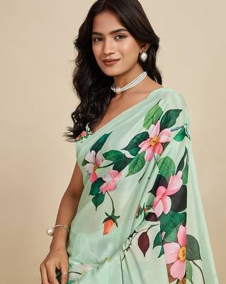 parrot green chiffon printed saree with blouse 5