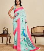 turquoise chiffon printed saree with blouse