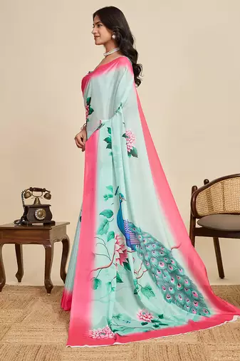 turquoise chiffon printed saree with blouse