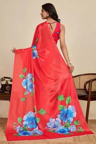 red chiffon printed saree with blouse