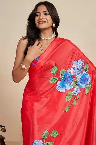 red chiffon printed saree with blouse