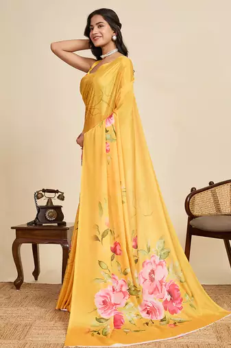 yellow chiffon printed saree with blouse