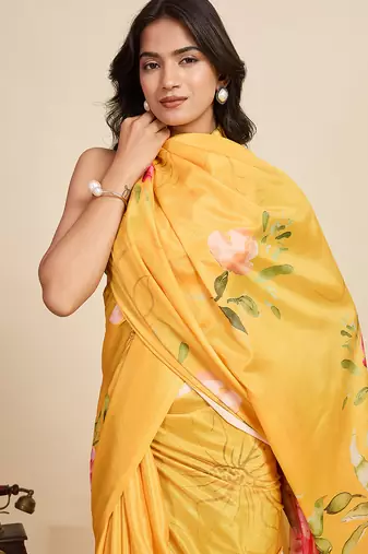 yellow chiffon printed saree with blouse