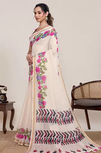 cream linen printed saree with blouse