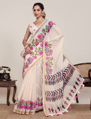 cream linen printed saree with blouse 4
