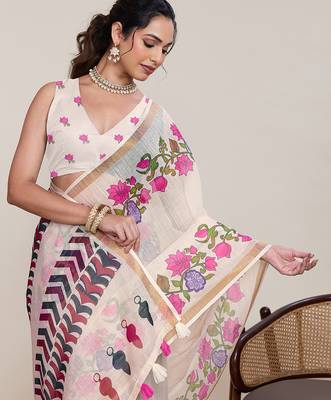 cream linen printed saree with blouse 5