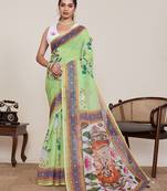 green linen printed saree with blouse