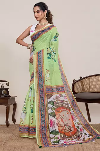 green linen printed saree with blouse