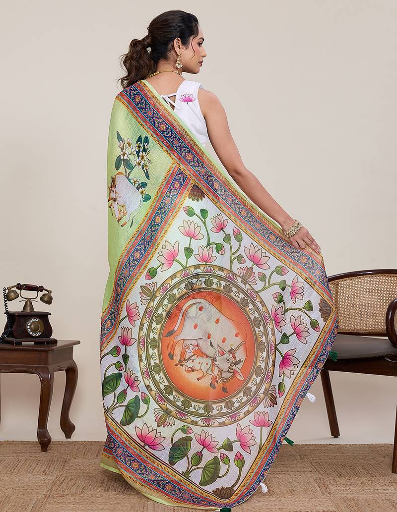 green linen printed saree with blouse