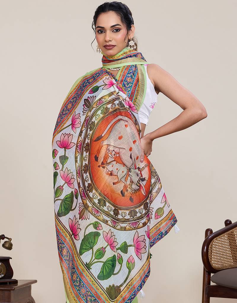 green linen printed saree with blouse