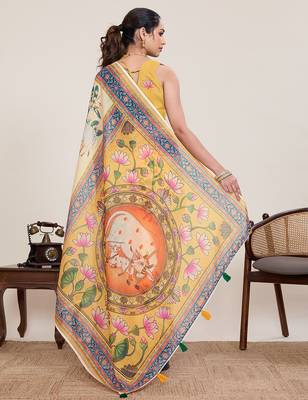 mustard linen printed saree with blouse 3