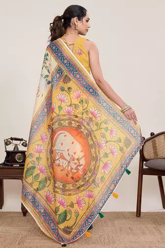 mustard linen printed saree with blouse