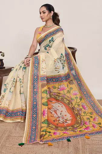 mustard linen printed saree with blouse