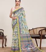 parrot green linen printed saree with blouse