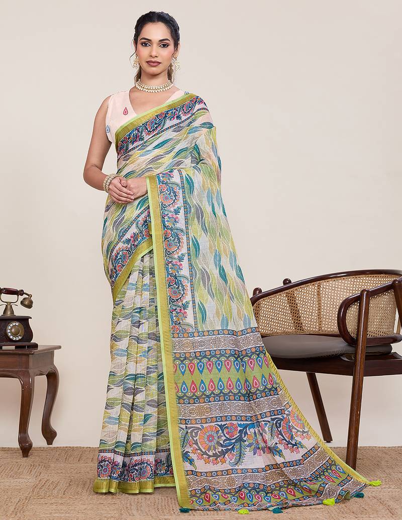 parrot green linen printed saree with blouse