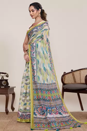 parrot green linen printed saree with blouse