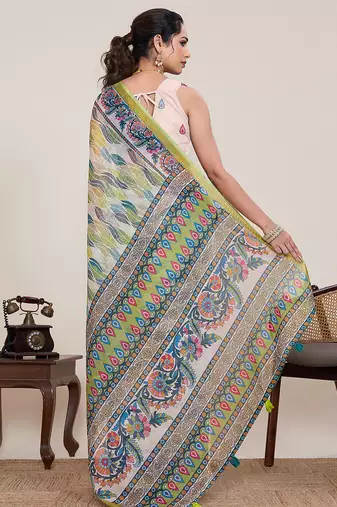 parrot green linen printed saree with blouse