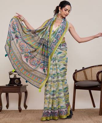 parrot green linen printed saree with blouse 4