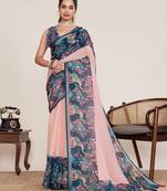 peach linen printed saree with blouse