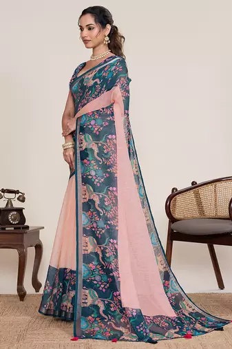 peach linen printed saree with blouse