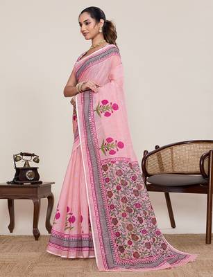 pink linen printed saree with blouse 2