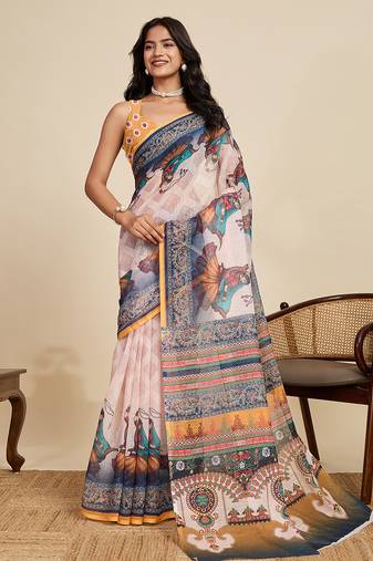 beige linen printed saree with blouse
