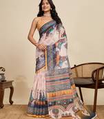 beige linen printed saree with blouse