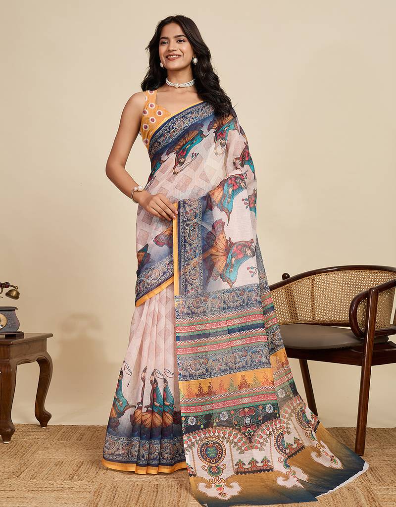 beige linen printed saree with blouse