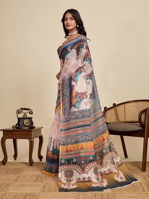 beige linen printed saree with blouse 2