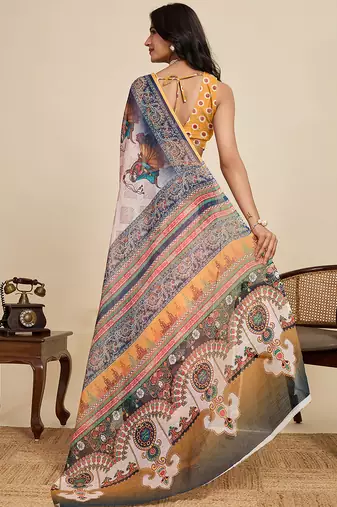 beige linen printed saree with blouse