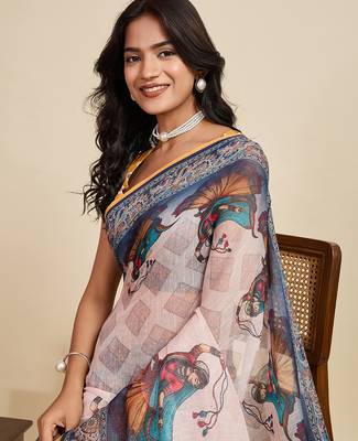 beige linen printed saree with blouse 5