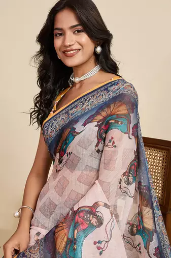 beige linen printed saree with blouse