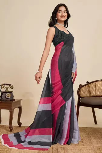black linen printed saree with blouse