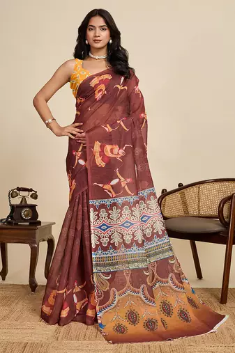brown linen printed saree with blouse