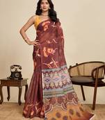 brown linen printed saree with blouse