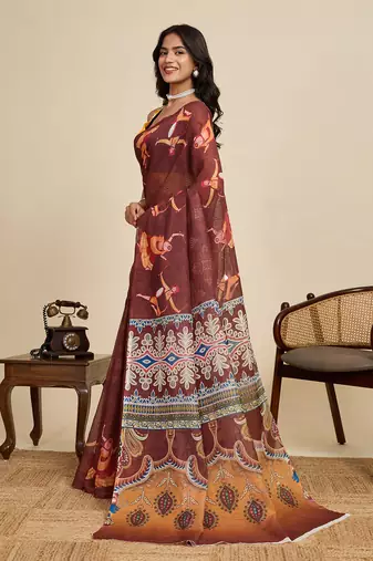 brown linen printed saree with blouse