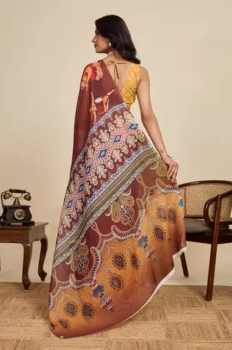 brown linen printed saree with blouse