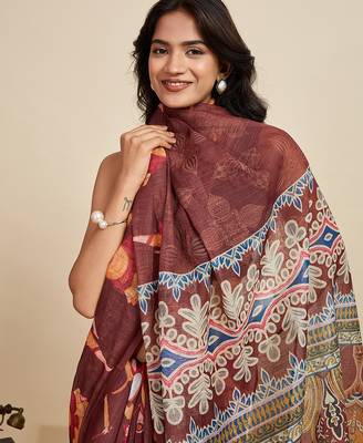 brown linen printed saree with blouse 5