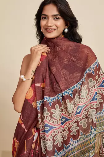brown linen printed saree with blouse