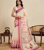 cream linen printed saree with blouse