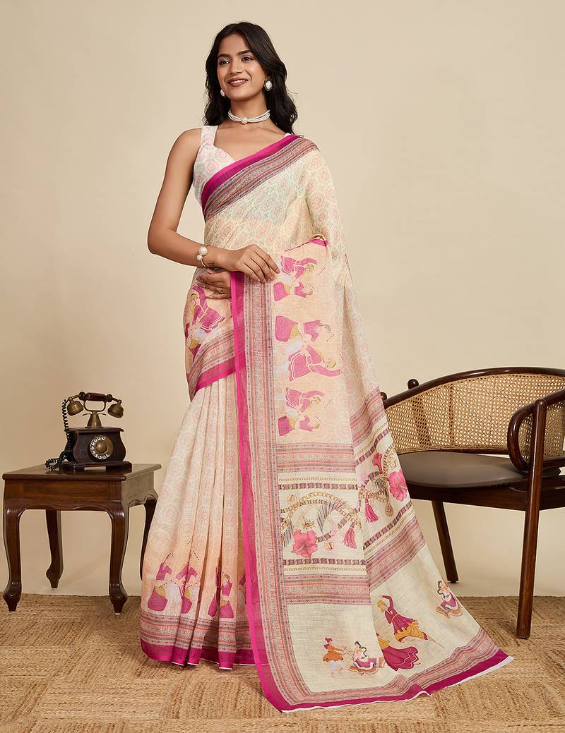 cream linen printed saree with blouse