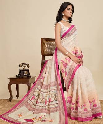 cream linen printed saree with blouse 4