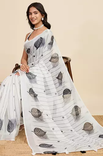 grey linen printed saree with blouse