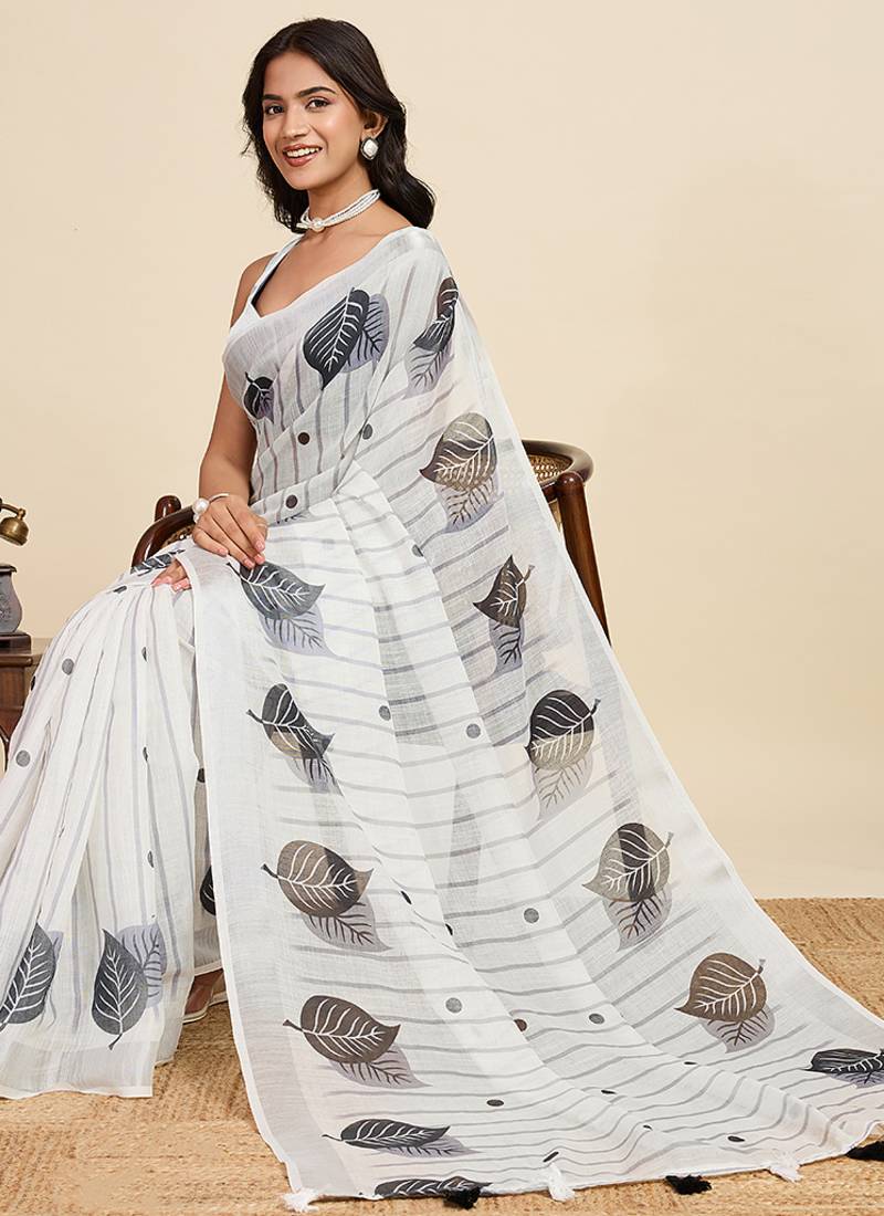 grey linen printed saree with blouse