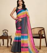 multicolor linen printed saree with blouse