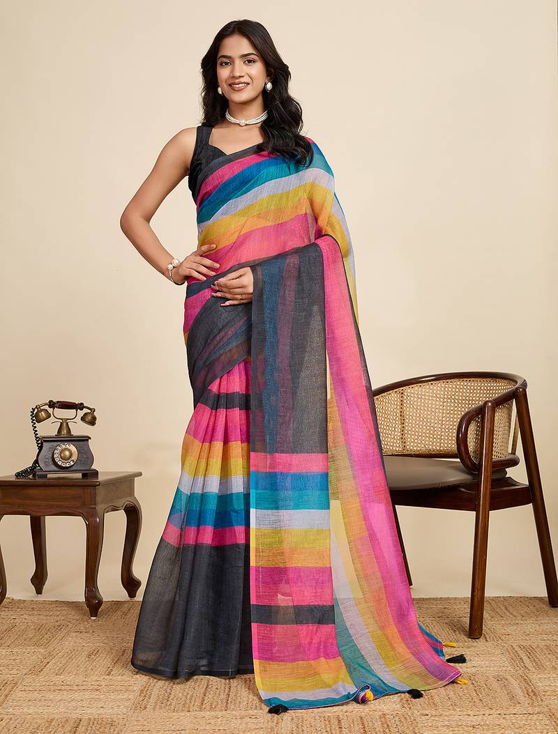 multicolor linen printed saree with blouse