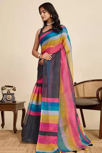 multicolor linen printed saree with blouse