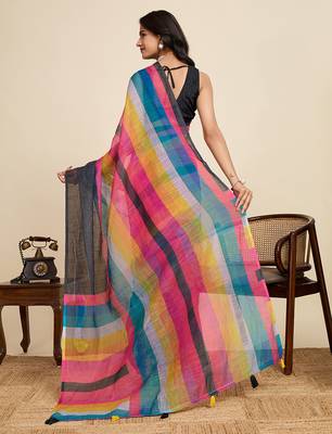 multicolor linen printed saree with blouse 3